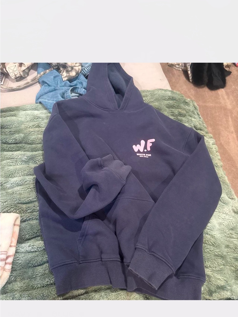 White Fox Boutique Navy Pullover Hoodie with Small Pink Logo